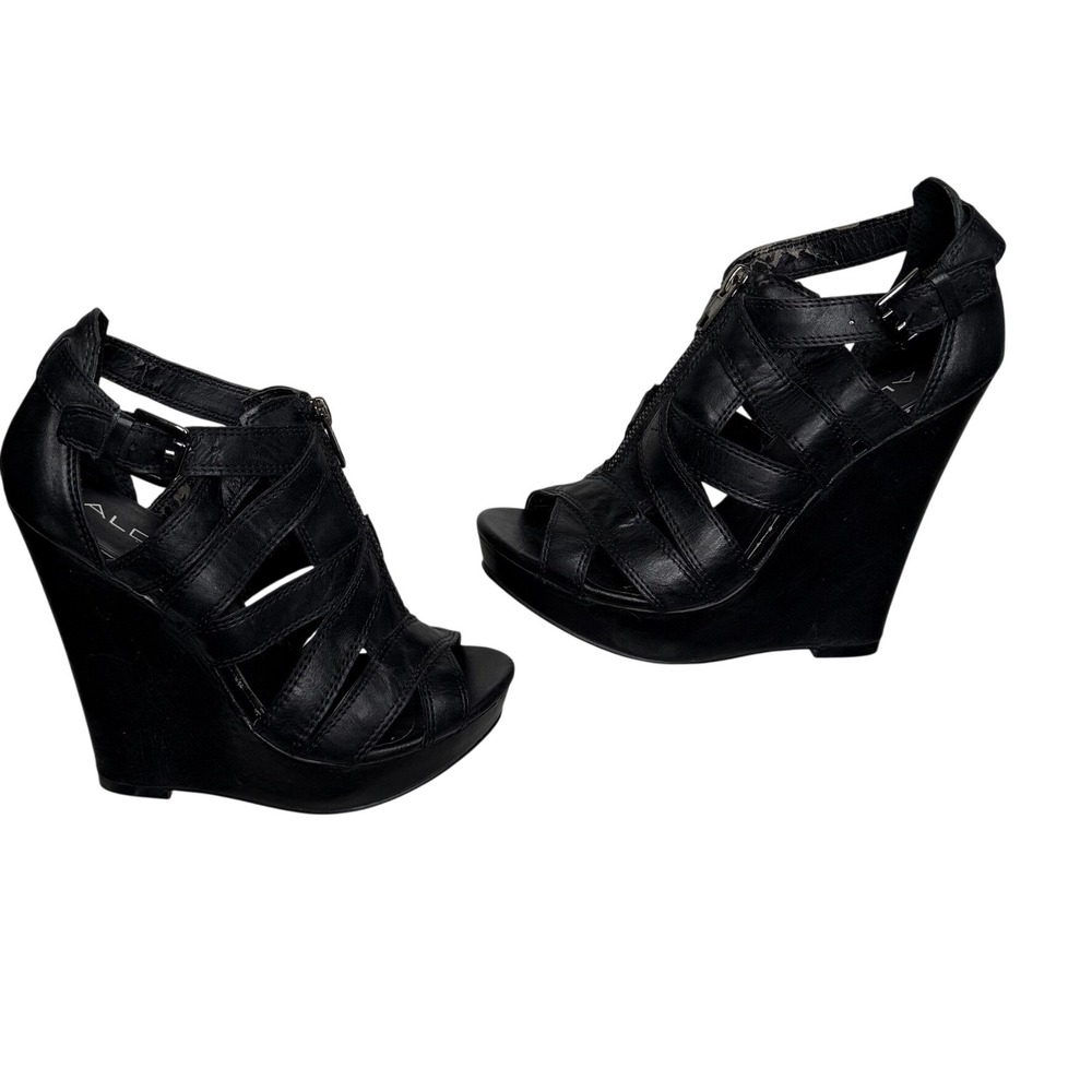 Aldo Wedge Sandals Women 38 Black Leather Gladiator Strappy Zip Platform Heels